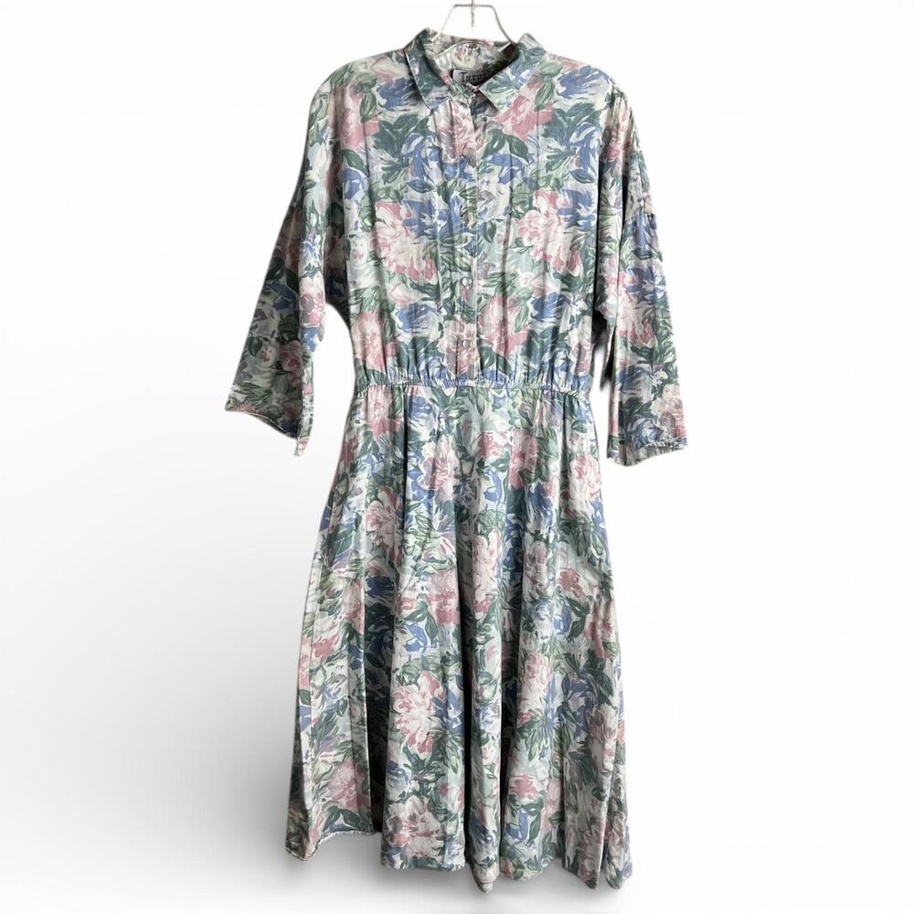 Vintage Floral Cottagecore Midi Shirtdress with 3/4 Sleeves and Pockets
